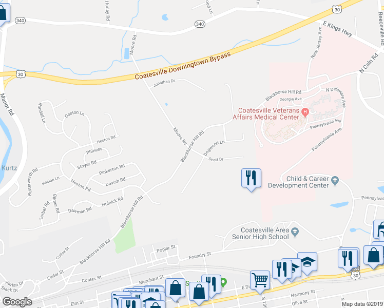 map of restaurants, bars, coffee shops, grocery stores, and more near 1216 Blackhorse Hill Road in Coatesville