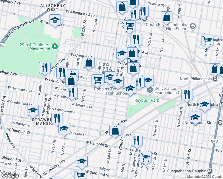 map of restaurants, bars, coffee shops, grocery stores, and more near 1851 North Judson Street in Philadelphia
