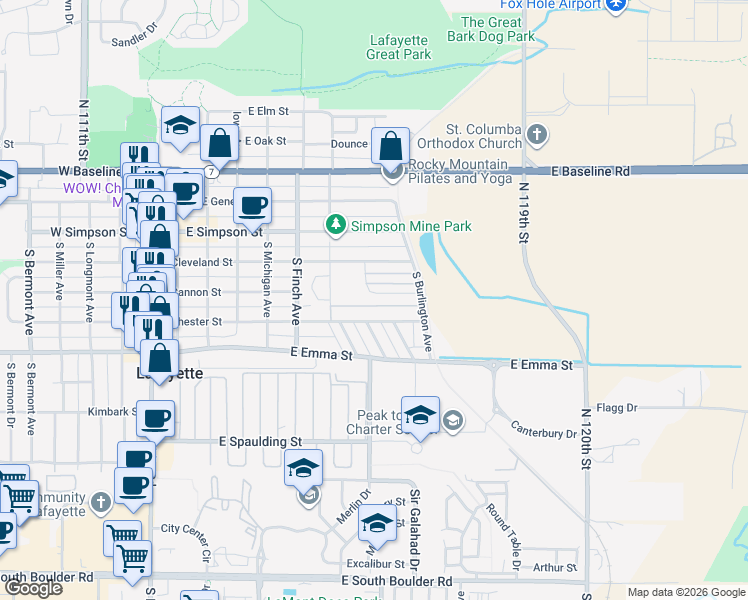 map of restaurants, bars, coffee shops, grocery stores, and more near 735 Cannon Trail in Lafayette