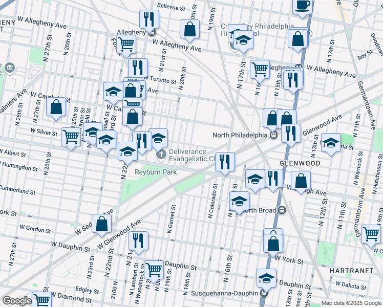 map of restaurants, bars, coffee shops, grocery stores, and more near 2731 North 19th Street in Philadelphia