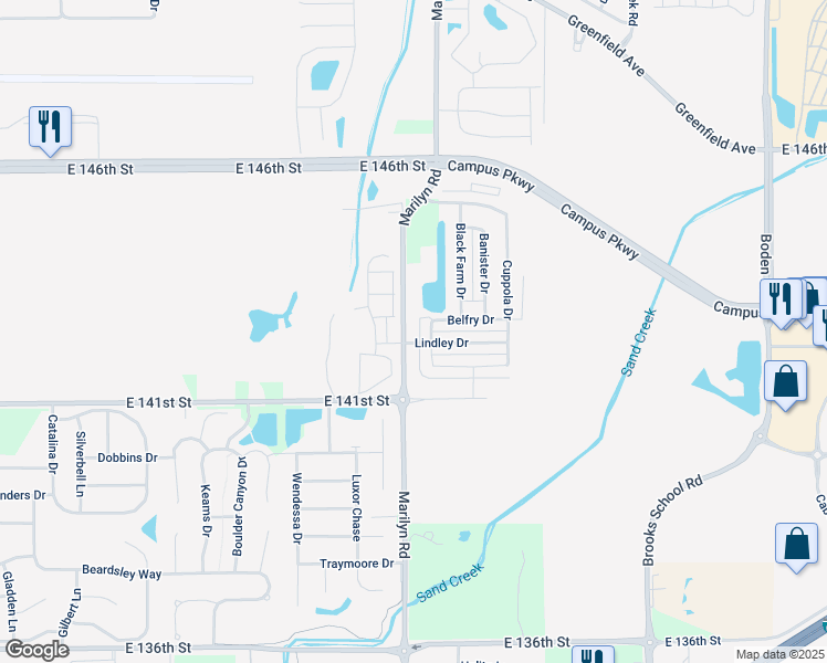 map of restaurants, bars, coffee shops, grocery stores, and more near 14242 Marilyn Road in Noblesville