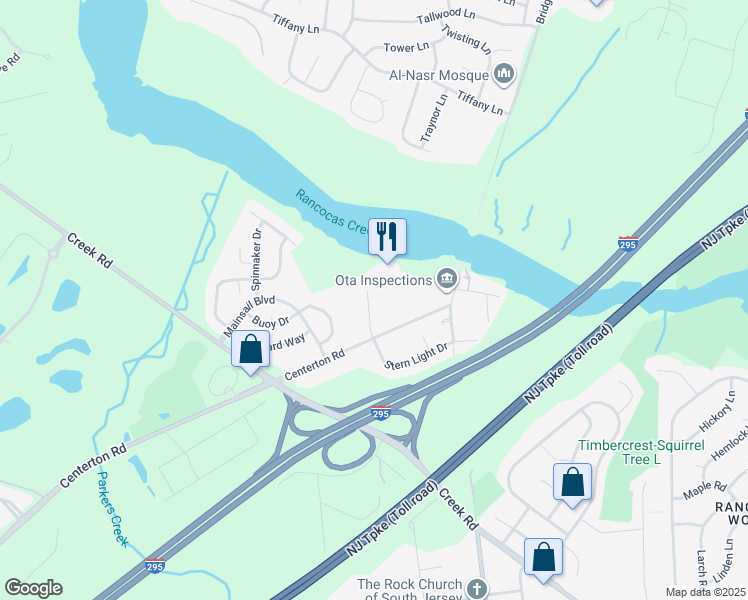 map of restaurants, bars, coffee shops, grocery stores, and more near 28 Crows Nest Court in Mount Laurel Township