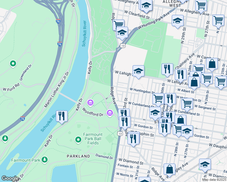 map of restaurants, bars, coffee shops, grocery stores, and more near 3445 U.S. 13 in Philadelphia