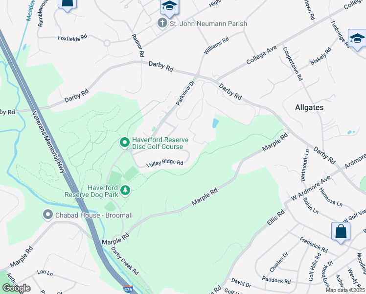 map of restaurants, bars, coffee shops, grocery stores, and more near 262 Valley Ridge Road in Haverford
