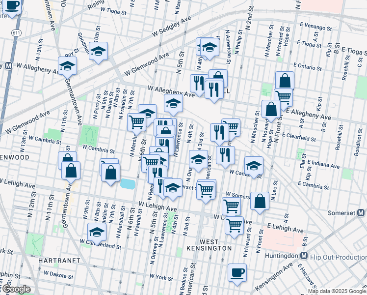 map of restaurants, bars, coffee shops, grocery stores, and more near 2959 North Leithgow Street in Philadelphia