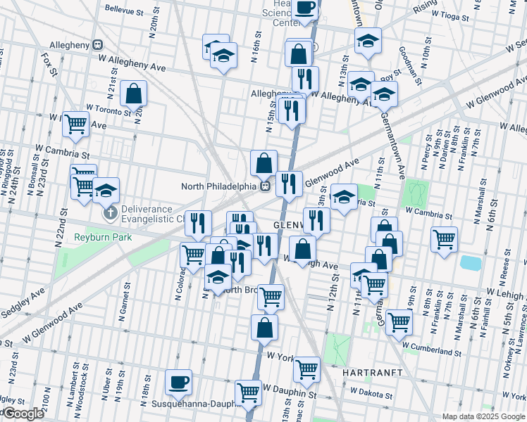 map of restaurants, bars, coffee shops, grocery stores, and more near 1434 West Rush Street in Philadelphia