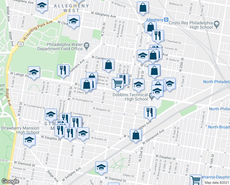 map of restaurants, bars, coffee shops, grocery stores, and more near 2500 West Lehigh Avenue in Philadelphia