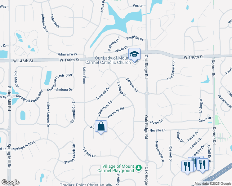 map of restaurants, bars, coffee shops, grocery stores, and more near 101 East Village Drive in Carmel