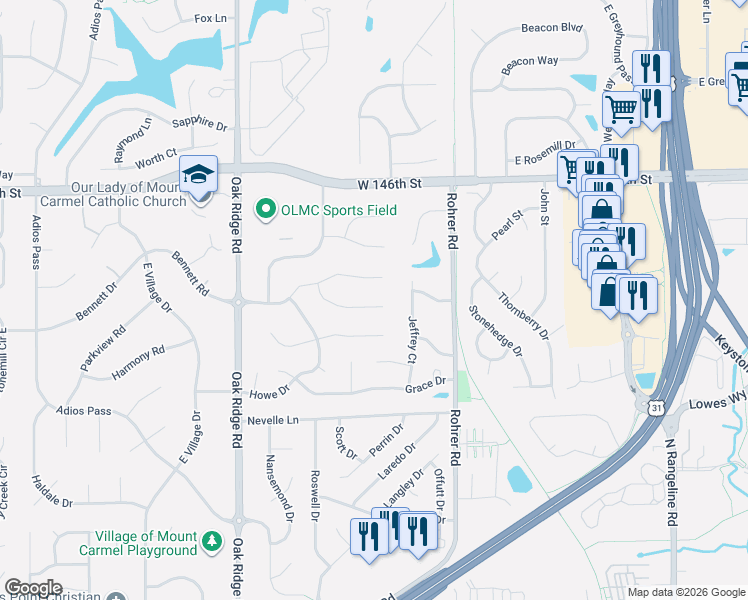map of restaurants, bars, coffee shops, grocery stores, and more near 840 Bennett Court in Carmel