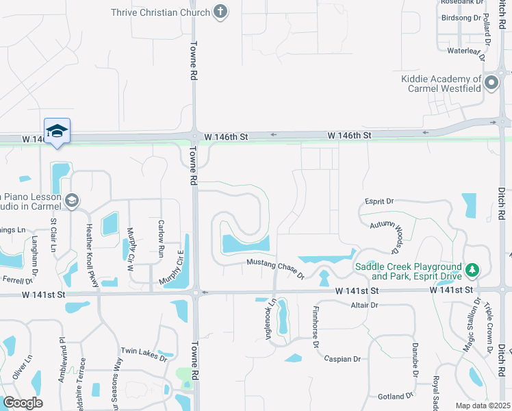 map of restaurants, bars, coffee shops, grocery stores, and more near 14384 Chariots Whisper Drive in Westfield