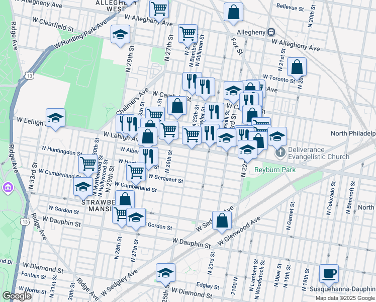 map of restaurants, bars, coffee shops, grocery stores, and more near 2500 West Lehigh Avenue in Philadelphia