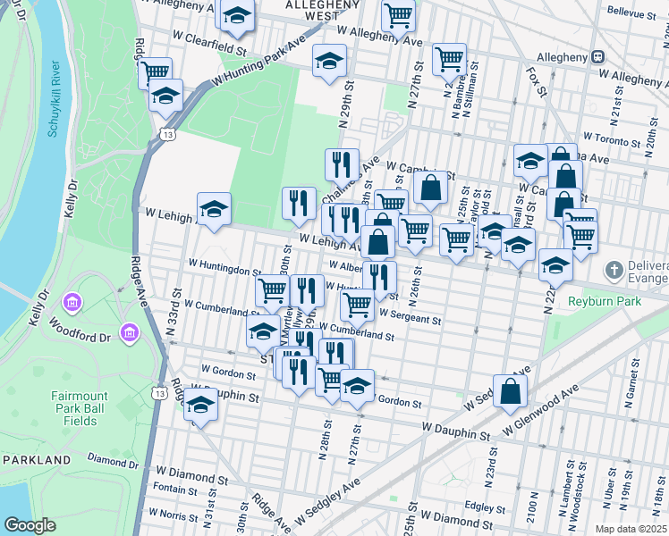 map of restaurants, bars, coffee shops, grocery stores, and more near 2832 West Albert Street in Philadelphia