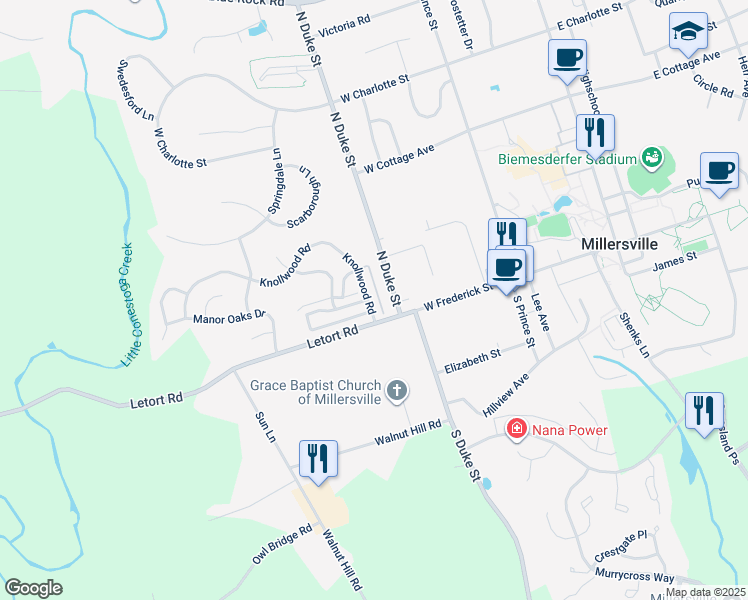 map of restaurants, bars, coffee shops, grocery stores, and more near 400 Knollwood Road in Millersville