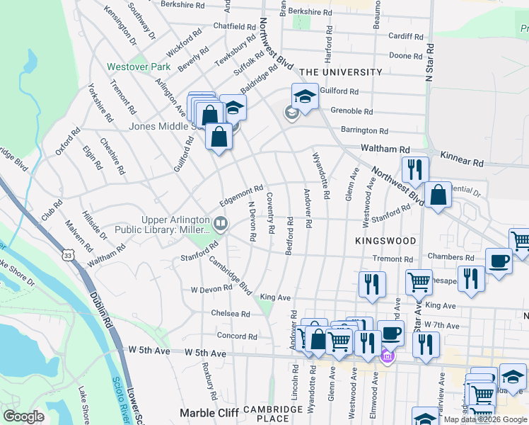 map of restaurants, bars, coffee shops, grocery stores, and more near 1933 Coventry Road in Columbus