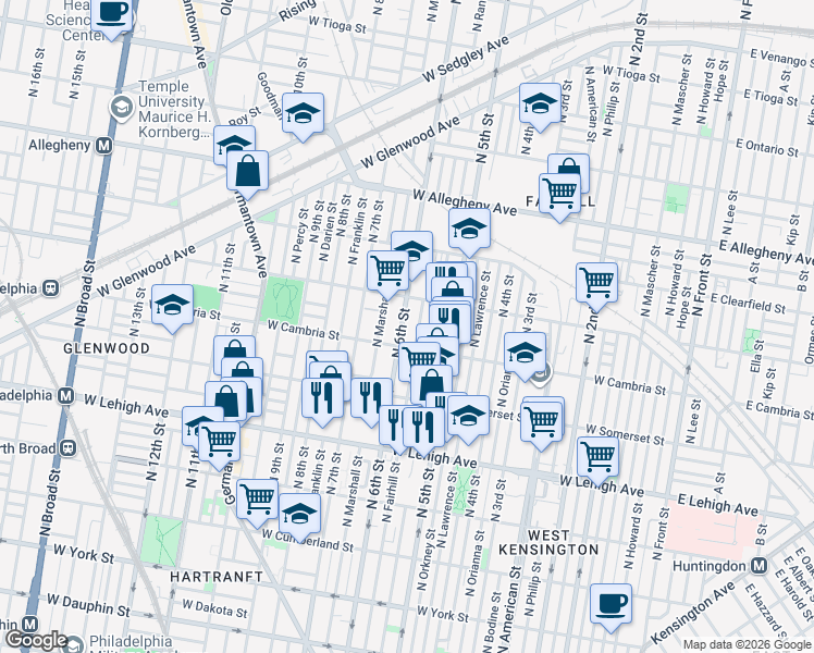 map of restaurants, bars, coffee shops, grocery stores, and more near 2927 North 6th Street in Philadelphia
