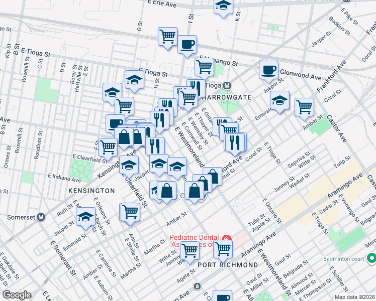 map of restaurants, bars, coffee shops, grocery stores, and more near 1916 East Westmoreland Street in Philadelphia