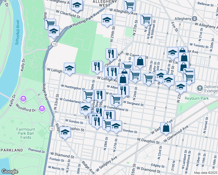 map of restaurants, bars, coffee shops, grocery stores, and more near 2832 West Albert Street in Philadelphia