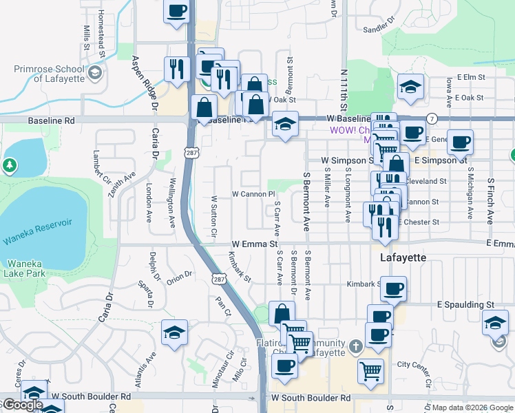 map of restaurants, bars, coffee shops, grocery stores, and more near 420 South Carr Avenue West in Lafayette