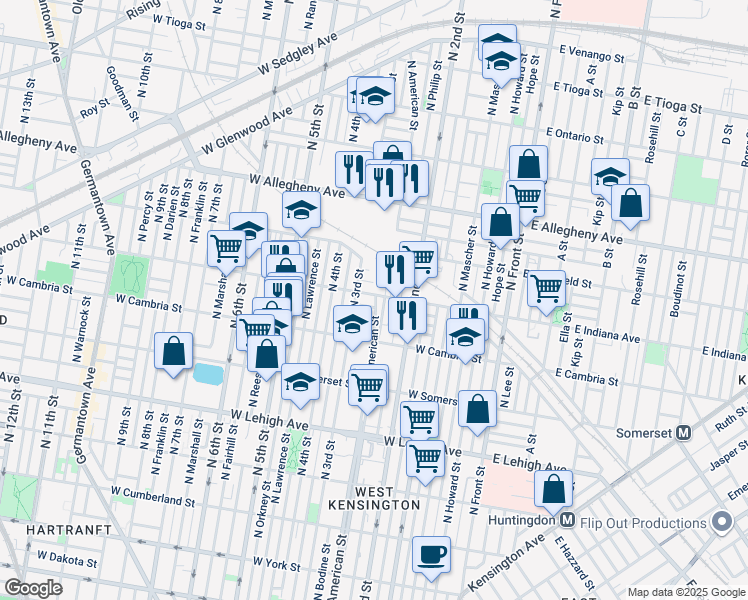 map of restaurants, bars, coffee shops, grocery stores, and more near 244 West Indiana Avenue in Philadelphia
