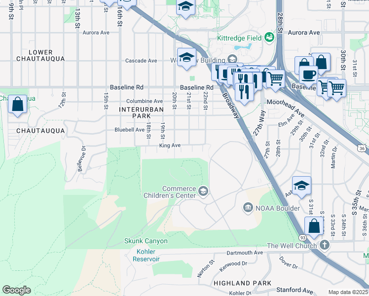 map of restaurants, bars, coffee shops, grocery stores, and more near 280 Devon Place in Boulder