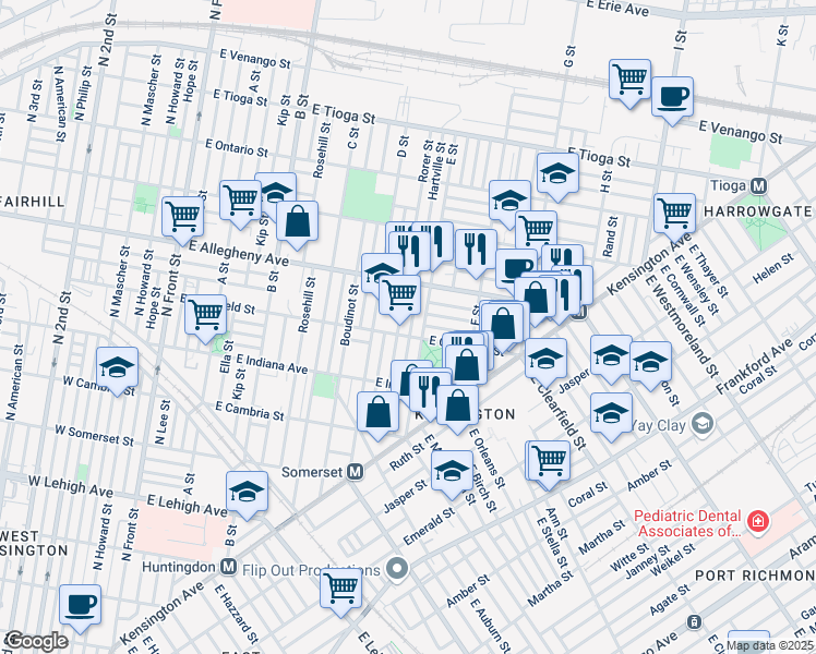map of restaurants, bars, coffee shops, grocery stores, and more near 3111 Hartville Street in Philadelphia