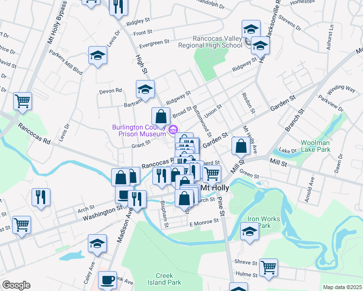 map of restaurants, bars, coffee shops, grocery stores, and more near 120 High Street in Mount Holly