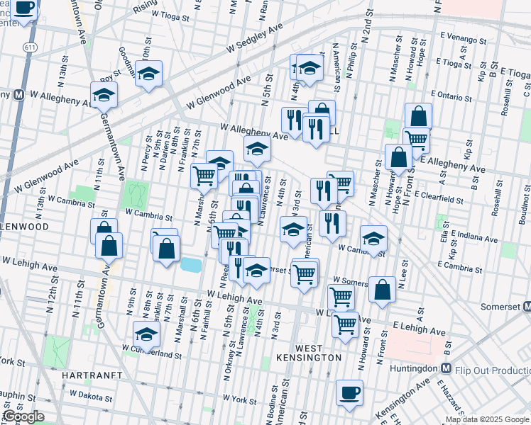 map of restaurants, bars, coffee shops, grocery stores, and more near 2949 North Lawrence Street in Philadelphia