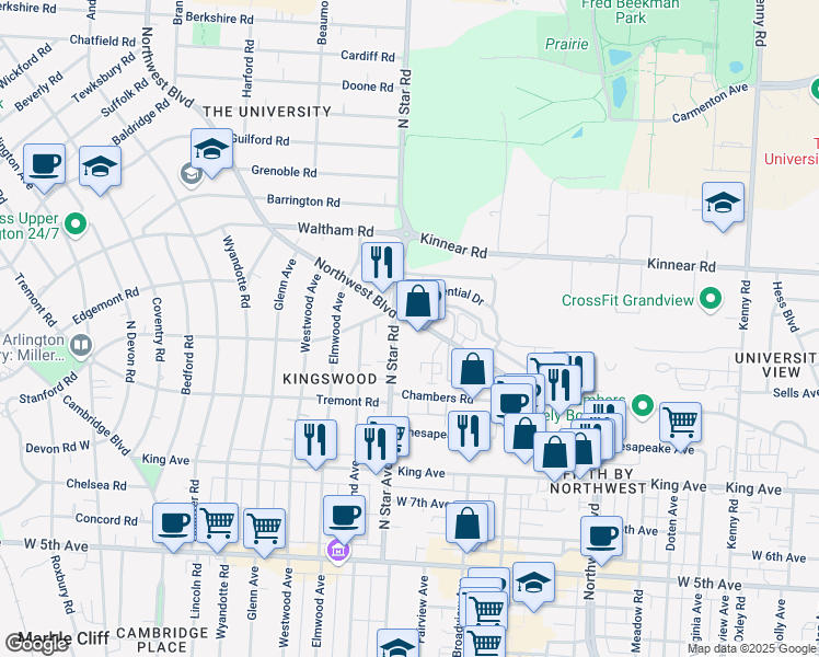 map of restaurants, bars, coffee shops, grocery stores, and more near 1647 Olentangy River Road in Columbus