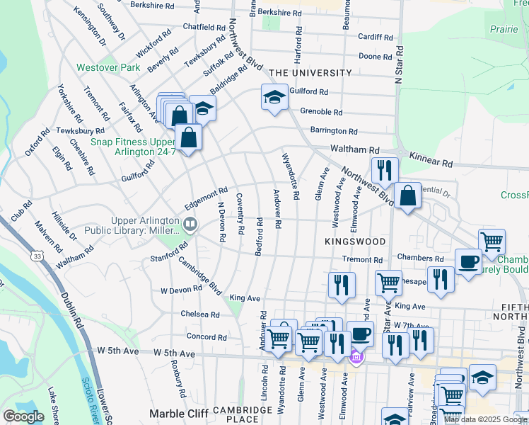 map of restaurants, bars, coffee shops, grocery stores, and more near 1924 Bedford Road in Columbus