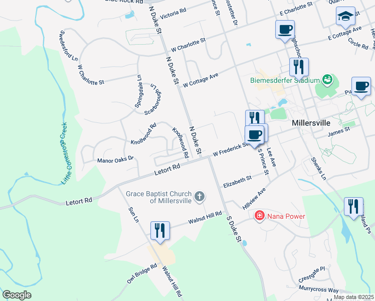 map of restaurants, bars, coffee shops, grocery stores, and more near 400 Knollwood Road in Millersville