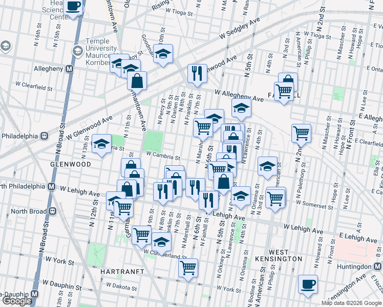 map of restaurants, bars, coffee shops, grocery stores, and more near 2914 North Marshall Street in Philadelphia