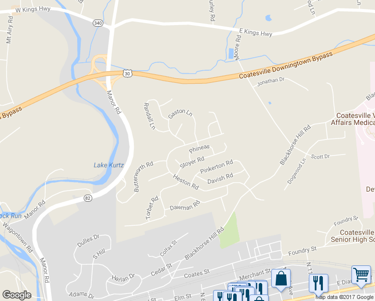 map of restaurants, bars, coffee shops, grocery stores, and more near 18 Phineas Lane in Coatesville
