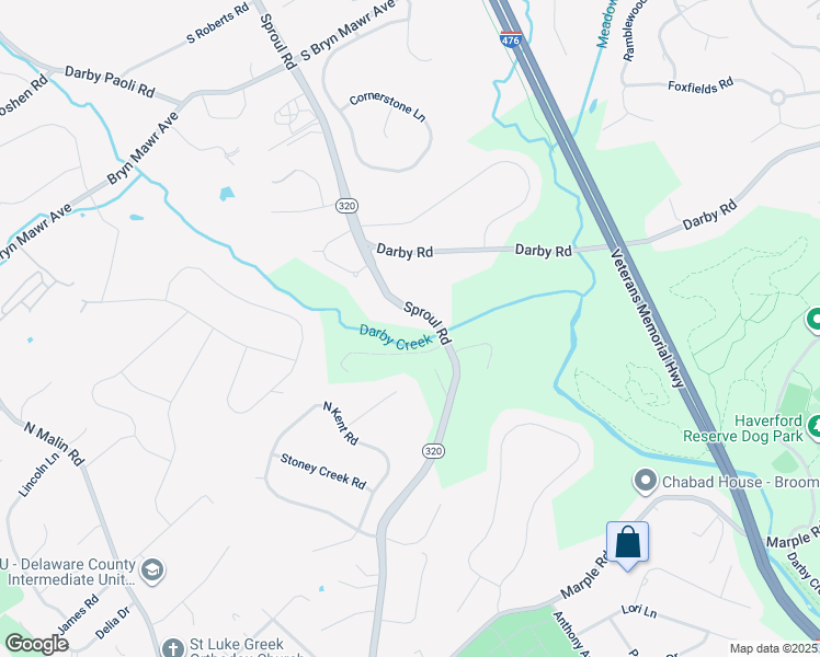 map of restaurants, bars, coffee shops, grocery stores, and more near 1048 Sproul Road in Bryn Mawr
