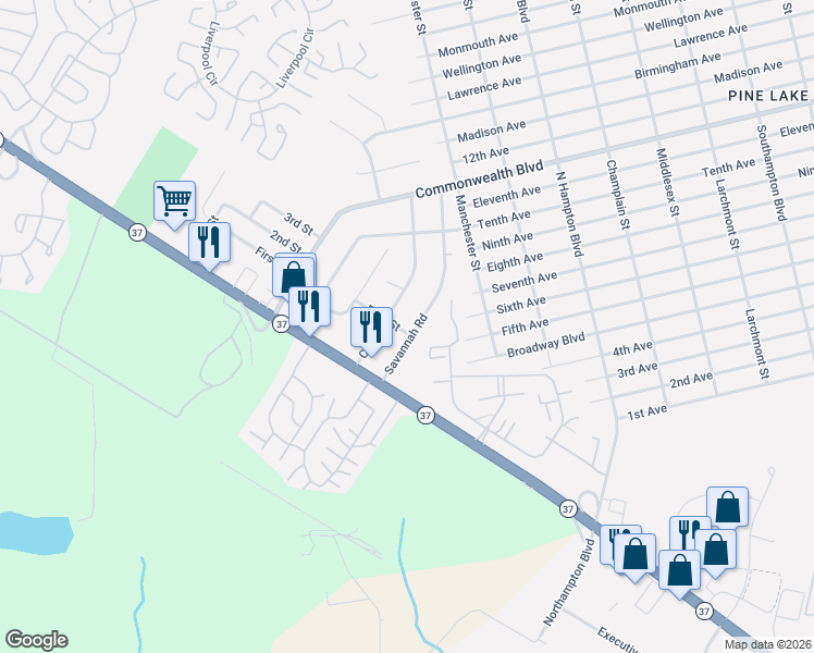 map of restaurants, bars, coffee shops, grocery stores, and more near 173 Savannah Road in Manchester Township