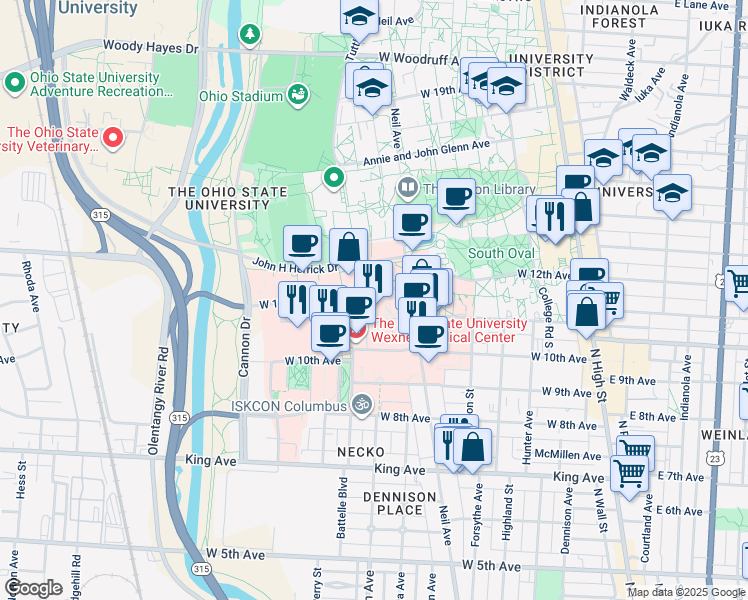 map of restaurants, bars, coffee shops, grocery stores, and more near 305 West 12th Avenue in Columbus