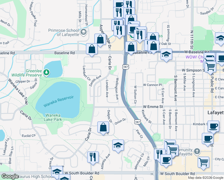 map of restaurants, bars, coffee shops, grocery stores, and more near 1160 Nottingham Street in Lafayette