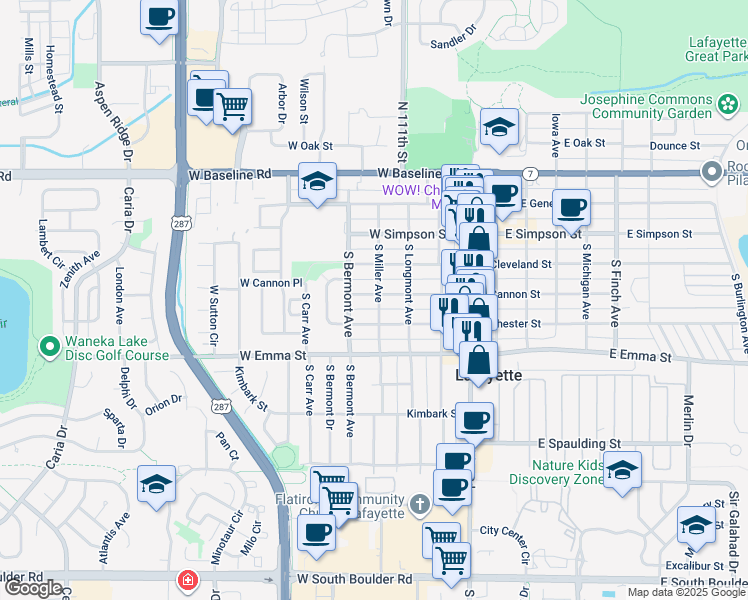 map of restaurants, bars, coffee shops, grocery stores, and more near 400 West Cannon Street in Lafayette