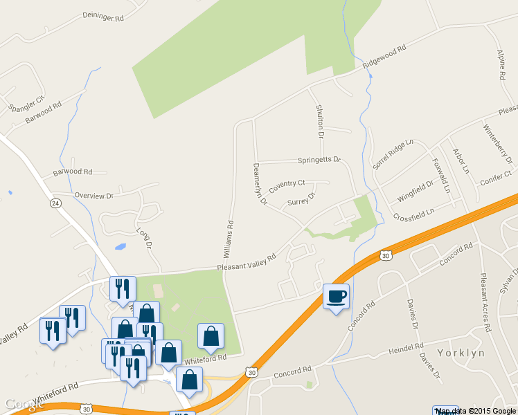 map of restaurants, bars, coffee shops, grocery stores, and more near 1780 Deamerlyn Drive in York