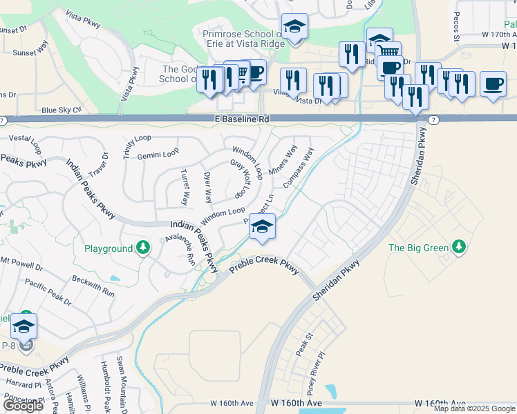map of restaurants, bars, coffee shops, grocery stores, and more near 16573 Prospect Lane in Broomfield
