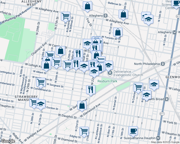 map of restaurants, bars, coffee shops, grocery stores, and more near 2710 North Croskey Street in Philadelphia