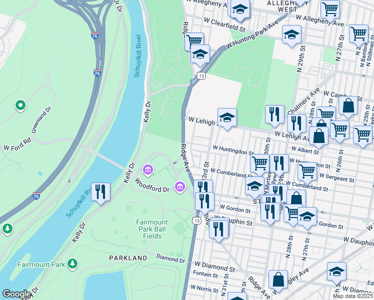 map of restaurants, bars, coffee shops, grocery stores, and more near 3447 Ridge Avenue in Philadelphia