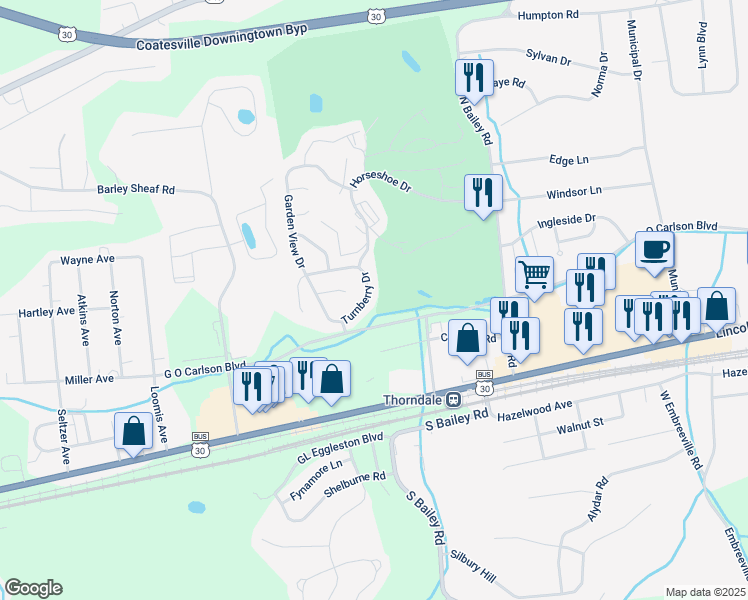 map of restaurants, bars, coffee shops, grocery stores, and more near 123 Turnberry Drive in Thorndale