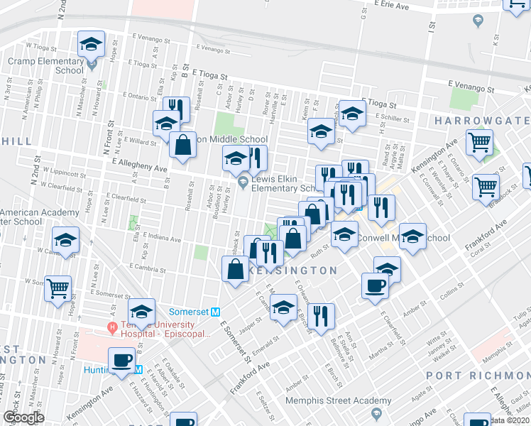 map of restaurants, bars, coffee shops, grocery stores, and more near E Clementine St & E St in Philadelphia