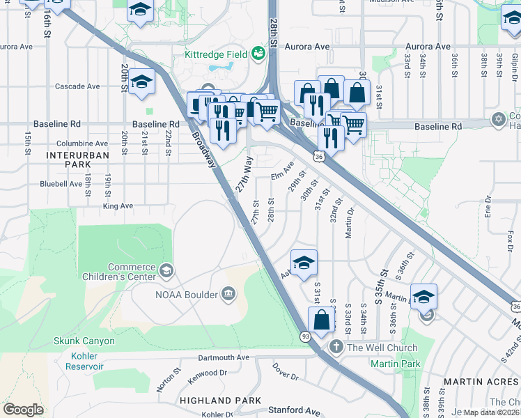 map of restaurants, bars, coffee shops, grocery stores, and more near 310 27th Street in Boulder