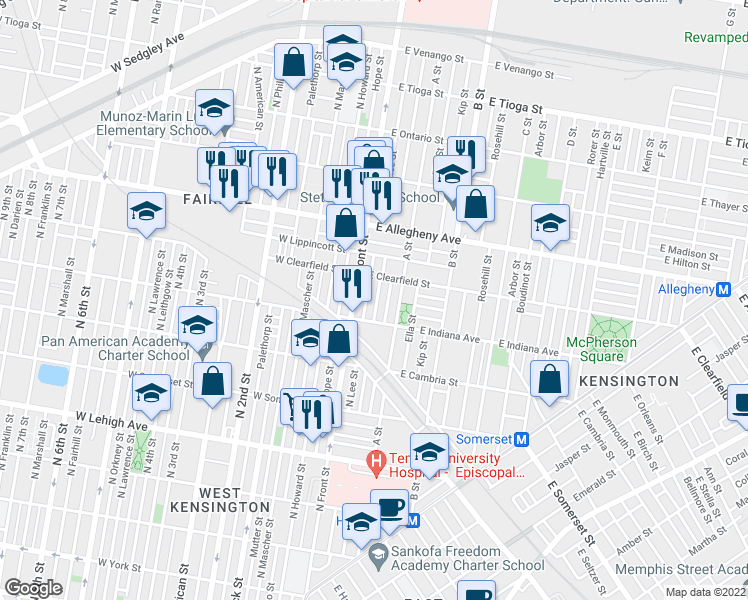 map of restaurants, bars, coffee shops, grocery stores, and more near 3032 North Water Street in Philadelphia