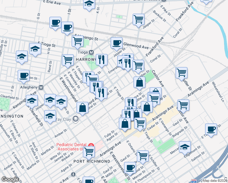 map of restaurants, bars, coffee shops, grocery stores, and more near 3477 Coral Street in Philadelphia