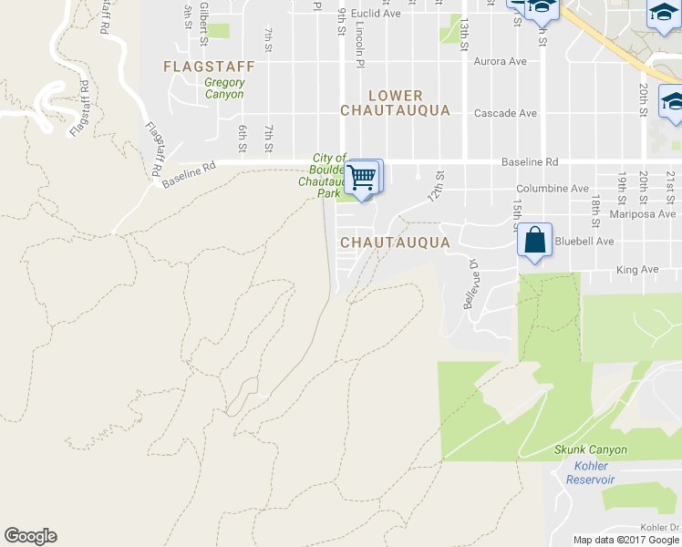 map of restaurants, bars, coffee shops, grocery stores, and more near 700 Chautauqua Trail in Boulder