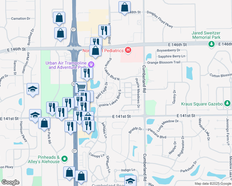 map of restaurants, bars, coffee shops, grocery stores, and more near 14273 Raven Way in Noblesville