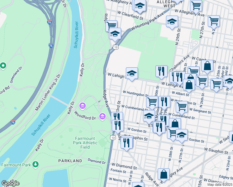 map of restaurants, bars, coffee shops, grocery stores, and more near 3313 West Sergeant Street in Philadelphia