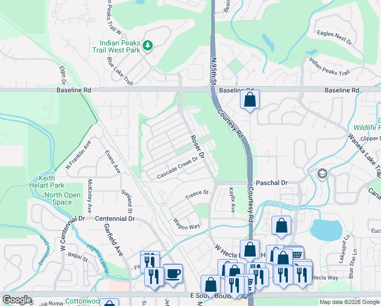 map of restaurants, bars, coffee shops, grocery stores, and more near 2834 Twin Lakes Circle in Lafayette